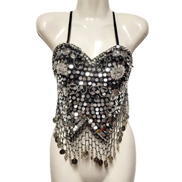 Black Sequin Halter Crop Top Silver Sequin Backless Belly Dancing Tops NEW - Picture 1 of 8